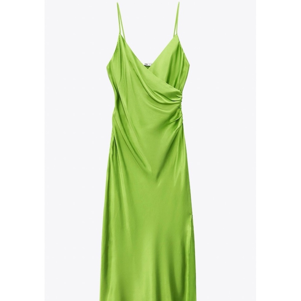 Zara Green Slip Dress with Spaghetti Straps and Cowl Neck